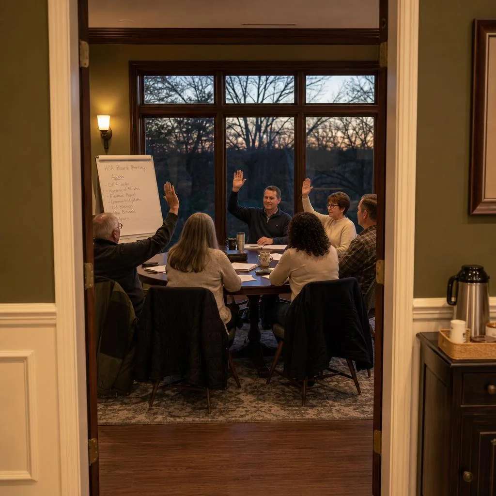 Neighbors voting together at a clubhouse board meeting