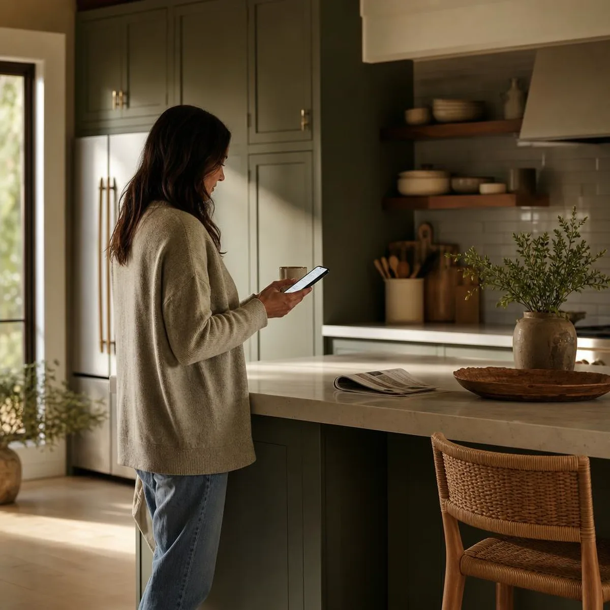 A resident paying HOA dues from her kitchen on her phone